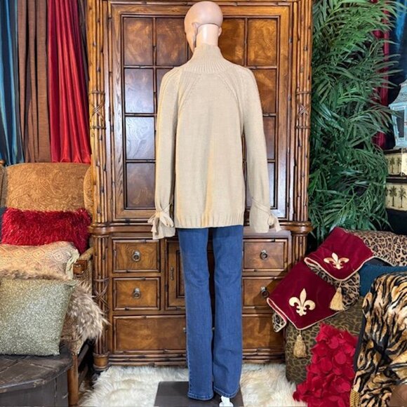 NWOT Bodilove Khaki Tan Cotton Blend Modern Cable Knit Tie Bow Sleeve Sweater - Picture 10 of 16